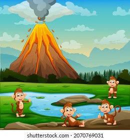 Cute cartoon of monkeys relaxing by the river with volcano erupt