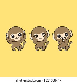 cute cartoon Monkeys set close eyes , close ears and close mouth action vector illustration isolated on yellow background