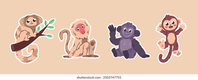 Cute cartoon monkeys in various poses. Sticker-style design with white borders on a beige background. Jungle animals and playful theme concept.