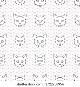 Cute cartoon monochrome Bombay cat and kitten face lineart seamless vector pattern. Pedigree kitty breed domestic cat background. Cat lover black Asian purebred all over print. Feline EPS 10. 