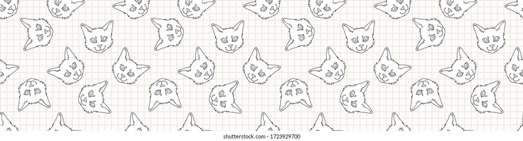Cute cartoon monochrome Bombay cat face lineart seamless vector border. Pedigree kitty breed domestic cat background. Cat lover black Asian purebred all over print. Feline EPS 10. 