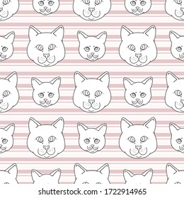 Cute cartoon monochrome British shorthair cat and kitten face seamless vector pattern. Pedigree lineart kitty breed domestic kitty background. Cat lover English purebred all over print. Feline EPS 10.