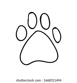 Cute cartoon monochrome dog paw print lineart vector clipart. Wildlife animal foot print for puppy lovers. Stylized fun kids nature trail. Illustration mark. Isolated claw walking print. EPS 10. 