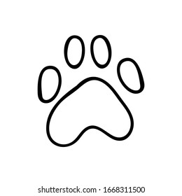 Cute cartoon monochrome dog paw print lineart vector clipart. Wildlife animal foot print for dog lovers. Stylized fun kids nature trail. Illustration mark. Isolated walking print. EPS 10. 