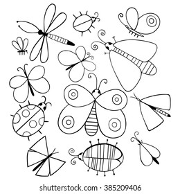 Cute cartoon monochrome insect set. Dragonflies, butterflies and bugs. Vector illustration.