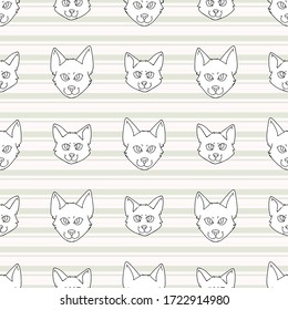 Cute cartoon monochrome Japanese bobtail cat and kitten face seamless vector pattern. Pedigree kitty breed domestic lineart kitty background. Cat lover Asian purebred all over print. Feline EPS 10. 