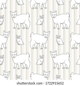 Cute cartoon monochrome Japanese bobtail cat and kitten seamless vector pattern. Pedigree kitty breed domestic lineart kitty background. Cat lover Asian purebred all over print. Feline EPS 10. 