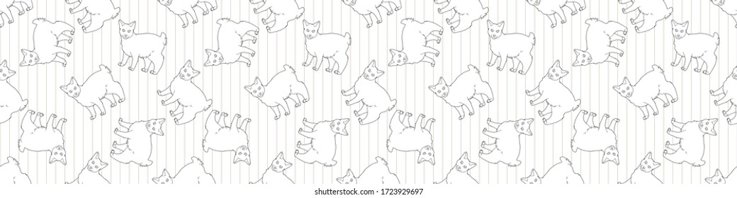 Cute cartoon monochrome Japanese bobtail kitten seamless vector border. Pedigree kitty breed domestic lineart kitty background. Cat lover Asian purebred all over print. Feline EPS 10. 