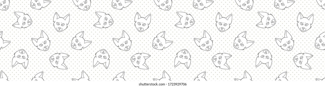 Cute cartoon monochrome Japanese bobtail cat face seamless vector border. Pedigree kitty breed domestic lineart kitty background. Cat lover Asian purebred all over print. Feline EPS 10. 