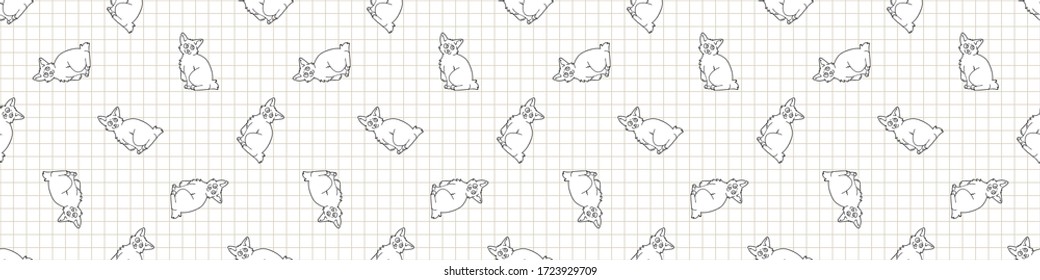 Cute cartoon monochrome Japanese bobtail cat seamless vector border. Pedigree kitty breed domestic lineart kitty background. Cat lover Asian purebred all over print. Feline EPS 10. 