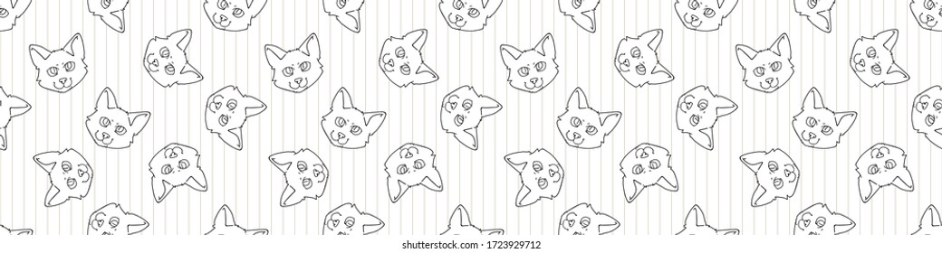 Cute cartoon monochrome Japanese bobtail kitten face seamless vector border. Pedigree kitty breed domestic lineart kitty background. Cat lover Asian purebred all over print. Feline EPS 10. 