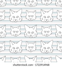 Cute cartoon monochrome lineart Ragdoll pet cat and kitten face seamless vector pattern. Pedigree kitty breed domestic kitten background. Cat lover purebred all over print. Feline EPS 10.