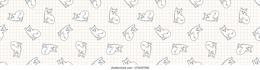 Cute cartoon monochrome Ragdoll cat seamless vector border. Pedigree kitty breed lineart kitten background. Cat lover purebred all over print. Feline EPS 10.