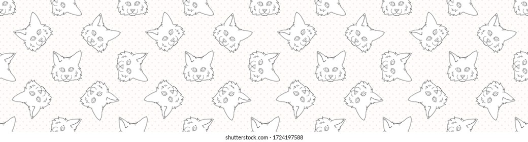 Cute cartoon monochrome Ragdoll kitten face seamless vector border. Pedigree kitty breed lineart kitten background. Cat lover purebred all over print. Feline EPS 10.