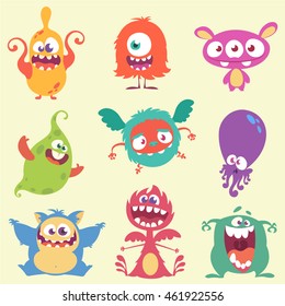 Cute cartoon monster and alien characters icons set. Halloween vector illustration