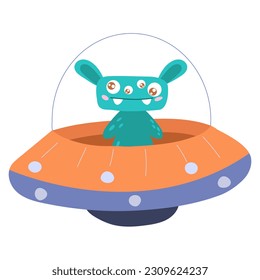 Cute cartoon monster, alien in a flying saucer, ufo.. Vector illustration on a white background.