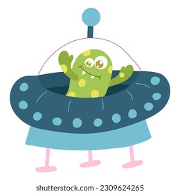 Cute cartoon monster, alien in a flying saucer, ufo.. Vector illustration on a white background.