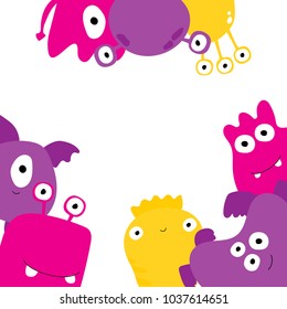 Cute cartoon monster and alien frame tamplate for poster and postcard. Hand drawn colorful bright character design. Vector illustration in flat style isolated on white background.