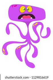Cute cartoon monster alien or octopus. Vector illustration of purple flying monster