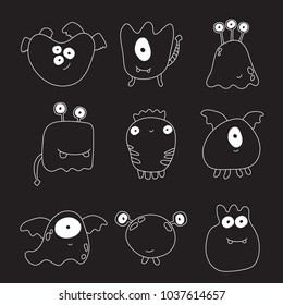 Cute cartoon monster and alien set collection. Hand drawn white line on black background character design. Vector illustration in flat style isolated on white background.