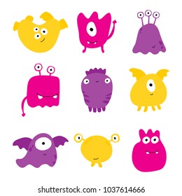 Cute cartoon monster and alien set collection. Hand drawn colorful bright character design. Vector illustration in flat style isolated on white background.
