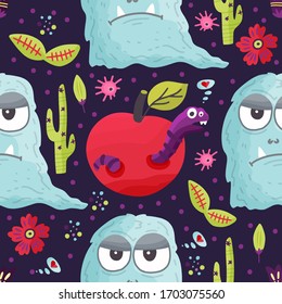 Cute cartoon monster with apple and worm caterpillar vector seamless pattern in a flat style. Funny kid alien character background. Mutant beast animal comic wallpaper on a dark background.