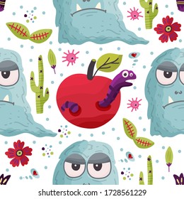 Cute cartoon monster with apple and worm caterpillar vector seamless pattern in a flat style. Funny kid alien character background. Mutant beast animal comic wallpaper on a white background.