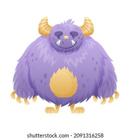 Cute cartoon monster baby character. Purple furry horned alien vector illustration