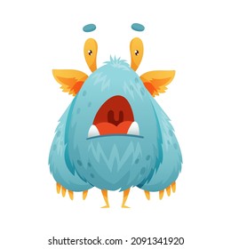 Cute cartoon monster baby character. Fluffy mutant with open mouth vector illustration