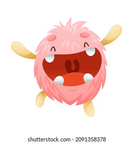 Cute cartoon monster baby character. Pink laughing alien with funny smiling face vector illustration