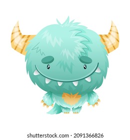 Cute cartoon monster baby character. Fluffy horned alien with funny smiling face vector illustration