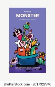 Cute cartoon monster bash celebration cards with funny alien creatures for advertisement design and party templates