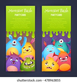 Cute cartoon monster bash celebration cards with funny alien creatures for advertisement design and party templates 