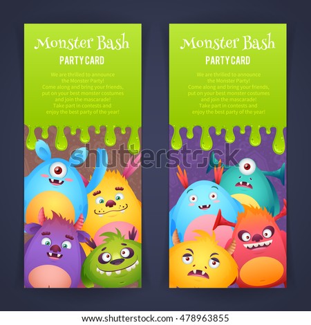 Cute cartoon monster bash celebration cards with funny alien creatures for advertisement design and party templates 