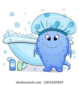 A cute cartoon monster in a bath cap is about to take a bath. Vector illustration of an animal with a bath and bubbles on a white background.