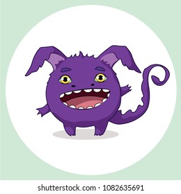 Cute cartoon monster with big ears. Smiling monster emotion with tail. Halloween vector illustration