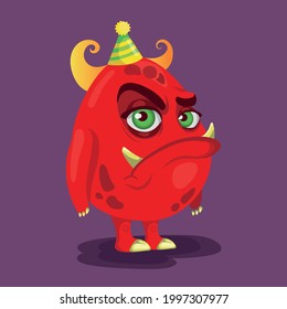 Cute cartoon monster. Birthday vector red monster.