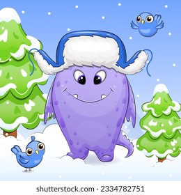 Cute cartoon monster in a blue hat with ear flaps. Winter vector illustration with green fir trees, birds, white snow and blue background.