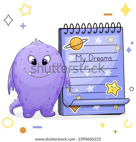 A cute cartoon monster with a blue notebook with stickers. Vector illustration of a fantasy animal on a white background with stars, circles.