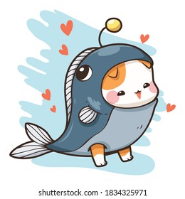 Cute cartoon monster cat and fish with orange heart clipart. Little cat wearing a fish costume. Vector illustration. Use for decoration, sticker, logo, pattern and more.