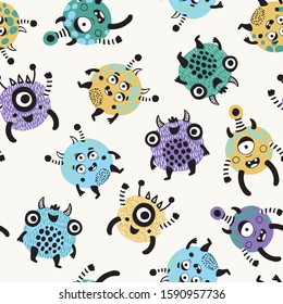 Cute cartoon monster character seamless pattern. Cool monsters with big eyes, open mouths background. Kids illustration for nursery, textile, wallpaper design