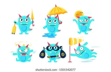 Cute Cartoon Monster Character Set, Funny Devil in Different Situations Vector Illustration