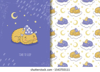 Cute cartoon monster character sleeping on the cloud among the stars and moon in the night sky. Childish card print template and seamless background pattern. Hand drawn shirt design illustration.