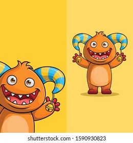 Cute cartoon monster character waving. with different display angle position, Hand drawn