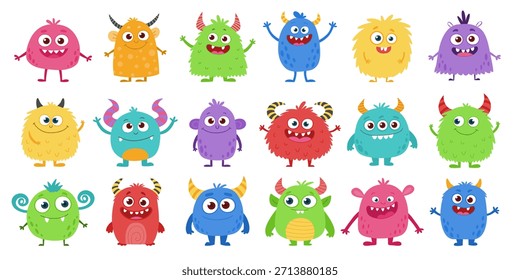 Cute Cartoon Monster Characters Set. Colorful Funny Kids Creatures Collection in Flat Vector Style. Friendly Fantasy Monsters Isolated for Children's Designs.