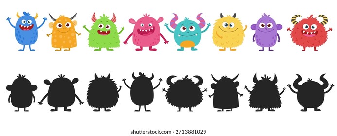 Cute Cartoon Monster Characters Set with Silhouettes. Colorful Funny Kids Creatures Collection in Flat Vector Style. Friendly Fantasy Monsters and Black Silhouettes. 