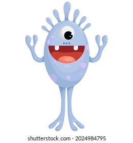 Cute cartoon monster with claw hands and wide smile. One-eyed chyklop, alien, vector graphics.