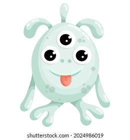 Cute cartoon monster with claw hands, smile and protruding tongue. Three-eyed cyclop, alien. Vector graphics.