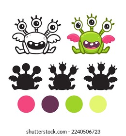 cute cartoon monster. Coloring page for kids.Find a shadow.Funny character on white background.Vector illustration