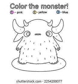 Cute cartoon monster coloring page for children. Simple color by numbers worksheet for preschool activity. Learning colors and numbers with fun and joy. Printable vector illustration.